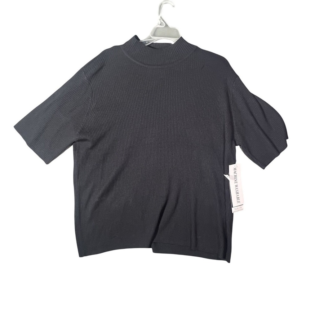 SAG HARBOR WOMAN Plus Size 1X Navy Ribbed Mock Neck‎ Short Sleeve Sweater Top